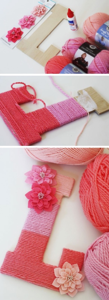 Ombre initials with woolen threads and flowers